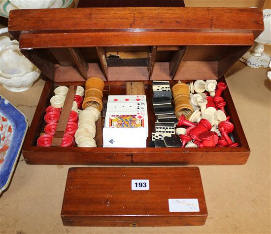 Victorian mahogany Chess & Draughts Board with counters/shakers etc. together with a mahogany box of dominoes.